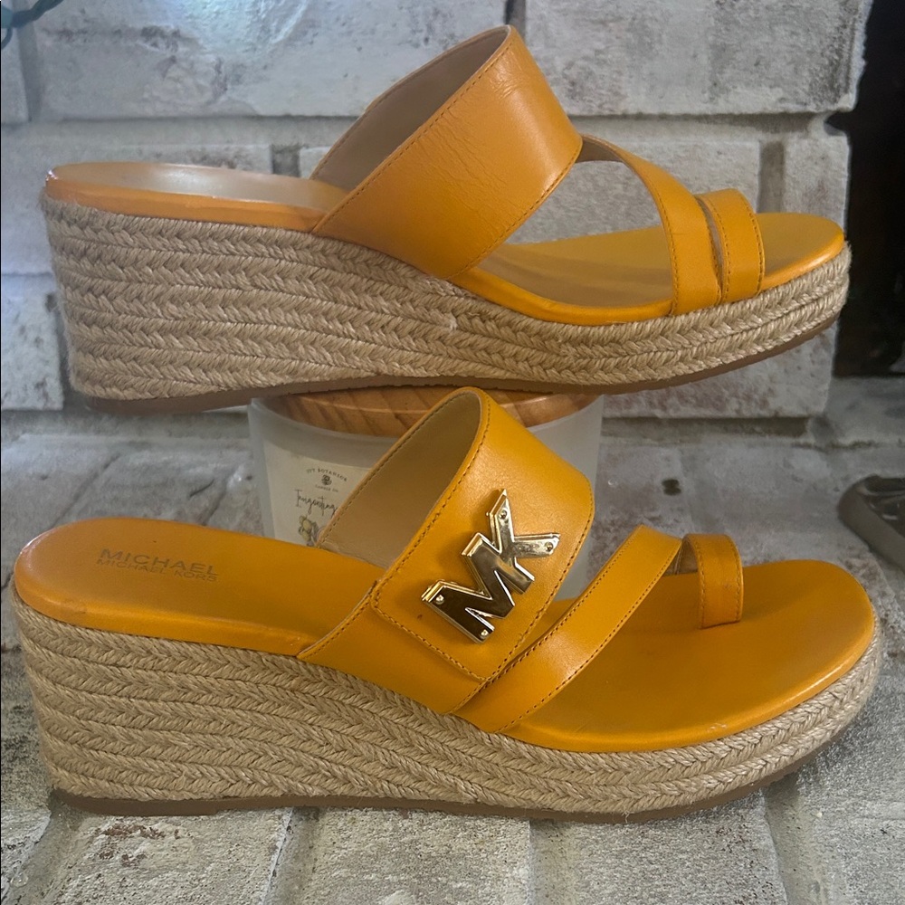 Michael Kors Mustard Yellow Espadrille Wedge Slide Sandals